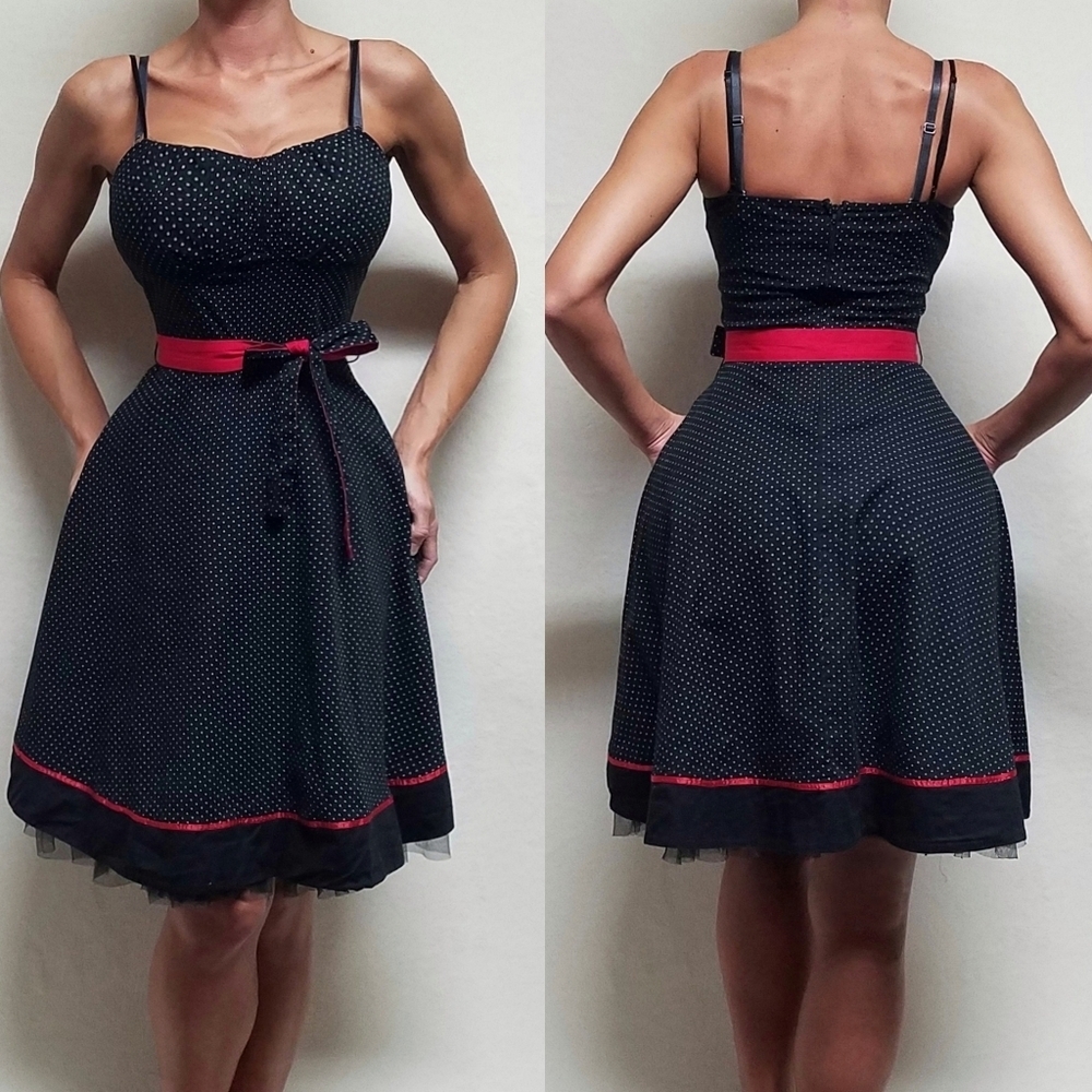 90s Vintage Ruby Rox Black Red Polka-dot Tie-Waist Tulle Fit & Flare Midi Dress